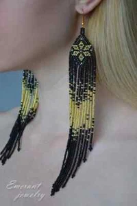 Tribal Earrings Native Large Boho American Seed Beads Handmade Earring - Picture 1 of 2