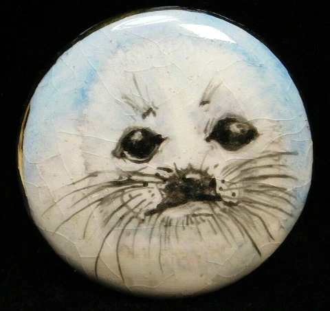 LARGE Vintage Collectible BUTTON Ceramic Baby Seal Hand Painted NICE! Cover