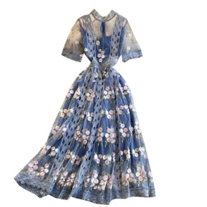 Damen Netz Stickerei Blumen Midi Langes Kleid Spitze Kurzarm Aushöhlen Fee - Bild 1 von 12