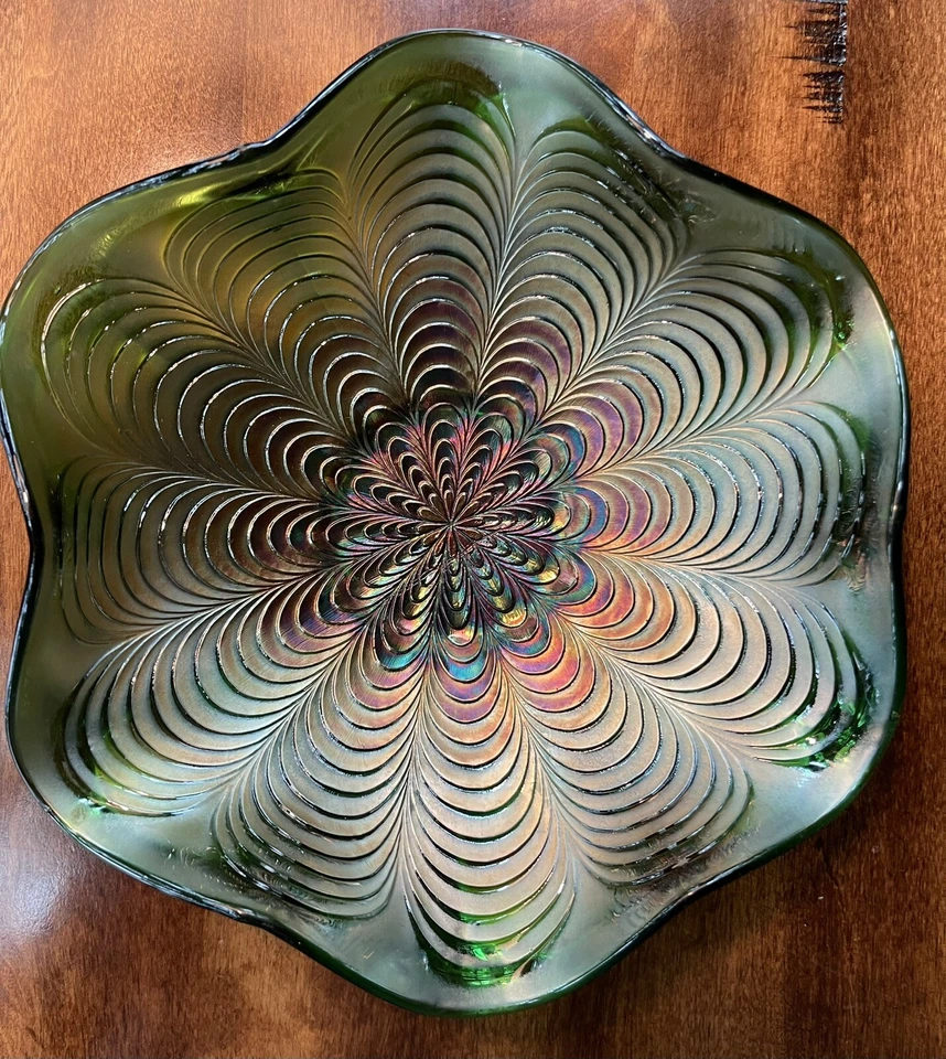 Antique Fenton Peacock Tail Carnival Glass Bowl Dish, Scalloped Edge - Image 1 of 4