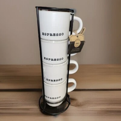 Stackable Espresso Cups-Set of 4 In Black Metal Stand-White With Black- NWT - Image 1 of 4
