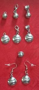 SOFTBALL - BASEBALL BALL ANTIQUE SILVER CHARM 3D - EARRINGS, BAIL, LOBSTER - Picture 1 of 18