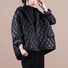 Womens Padded Outwear Winter Warm Coat Oversize Loose Black PU Leather Hoodie