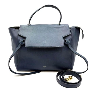 CELINE Navy Leather 2WAY Handbag Shoulder Bag Belt Flap Blue Gold USED 1112D - Picture 1 of 12