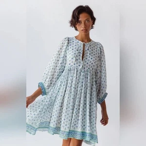 NWT Daughter's of India Kyra Mini Dress in Azure XS Cotton Hand Blockprint Blue - Picture 1 of 15