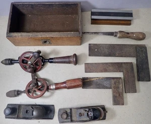 Vintage Barn Tools in Old Wood Drawer Hand Drills Squares Planers & More - Picture 1 of 8