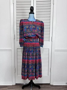 Vintage 80's Lady Carol Petites New York Pleated Belted Midi Dress 44" - Picture 1 of 7