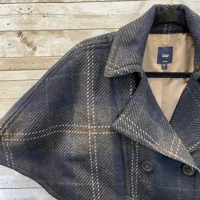 Gap Womens S Capelet Cape Coat Navy Blue Plaid Double Breasted Belt Wool Blend - Image 1 of 4
