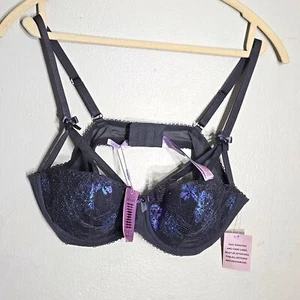 SAVAGE X FENTY Dark gray with purple glittery flowers brasserie 38B NWT - Picture 1 of 10