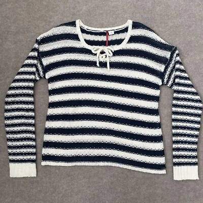 Element Sweater Womens Medium Blue Cream Striped Lace Up Tie Casual Knit Top - Image 1 of 4