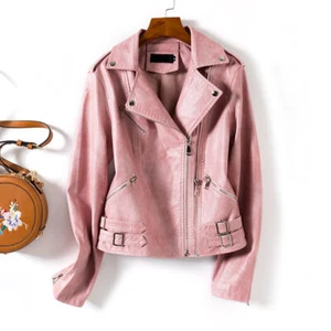 Women's Leather Jacket Pink Ladies Leather Jacket PU Ladies Short Coat XS-2XL - Picture 1 of 16