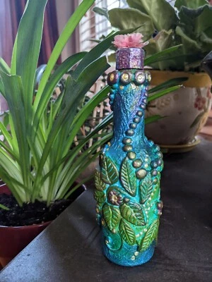Маленькая декоративная бутылка ручной работы из сухой глины уникальный художественный бирюзовый цвет; 5 дюймов в высоту - Изображение 1 из 4