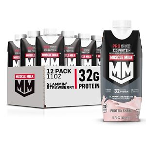 Muscle Milk Pro Advanced Shake, Slammin' Strawberry 🍓 11 Fl Oz Carton, 12 Pack