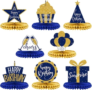 8 Pieces Birthday Centerpiece Table Decoration, Blue and Gold Happy Birthday Hon - Picture 1 of 7