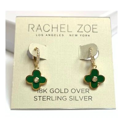 NWT RACHEL ZOE Green Enamel/Stones 18K Gold Over Sterling Silver Huggie Earrings - Image 1 of 4