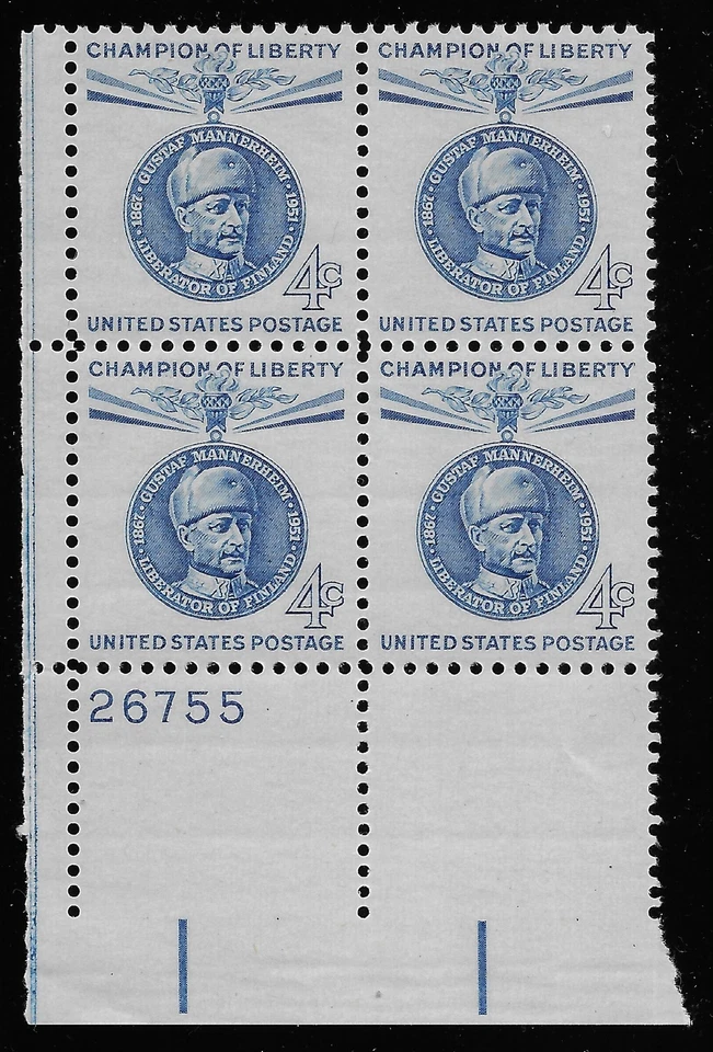 US Scott #1165, Plate Block #26755 1960 Gustaf Mannerheim 4c FVF MNH Lower Left - Image 1 of 1