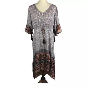 SR Fashion Womens Size XL Brown Border V Neck Button Hi Low A Line Midi Dress - Picture 1 of 10