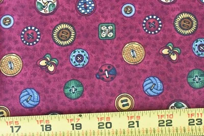 35" Long, Colorful Sewing Buttons on Burgundy Cotton, SSI, Debbie Mumm, P8297 - Image 1 of 4