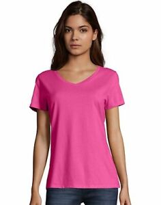 Hanes Womens T-Shirt Short Sleeve Top Nano-T V-Neck Solid Plain 100% Cotton SO4V