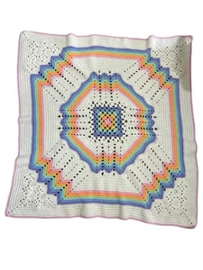 Rainbow Afghan Crochet Knit Vintage Throw Blanket 52” X 55” - Picture 1 of 2
