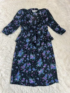Leslie Fay Vintage schwarz Blumen Schößchen Wickel Midi Kleid Plissee Damengröße 12 - Bild 1 von 15