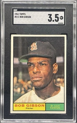 1961 Topps #211 Bob Gibson Cardenales de San Luis Salón de la fama SGC 3,5 en muy buena condición+ centrado y nítido Foto 1 de 2