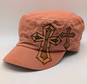 Womens Military Cadet Cap Coral Orange Jesus Cross Bling Hat Fitted Stretch OSFM - Picture 1 of 6
