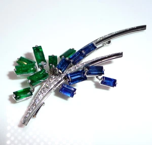 Spilla ciondolo oro bianco 750 1.0ct diamanti smeraldi zaffiri lunghezza 60,0 mm 9,1 g - Foto 1 di 15