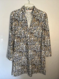 Jude Connally Women's M Long Sl Black Gold White Elephant print Dress Pristine - Picture 1 of 11
