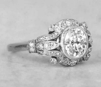 3Ct Round Cut Lab Created Diamond Art Deco Engagement Ring 14K White Gold Plated - Image 1 of 3