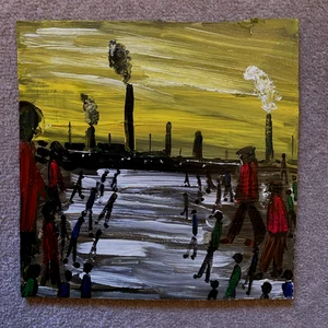 Northern industrial scene Clocking In signed acrylic painting on board - Picture 1 of 2