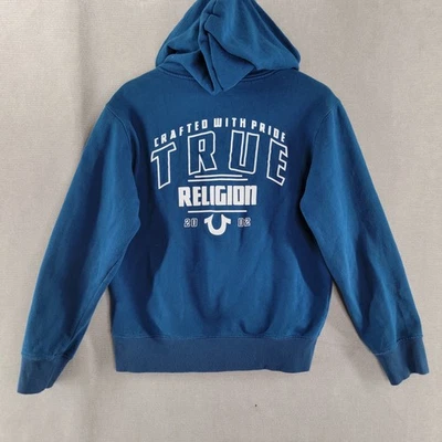 True Religion Hoodie Unisex Large Blue Fleece Spellout Back Full Zip Sweatshirt - Image 1 of 4