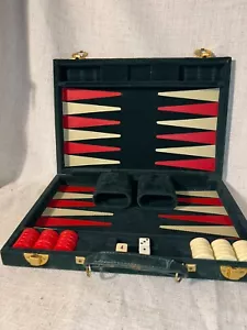 SET GIOCO VALIGETTA BACKGAMMON da viaggio vintage ~ custodia in velluto verde - Foto 1 di 20