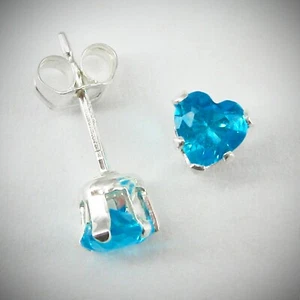 4mm HEART CZ Zircon Blue Post Stud Earrings in '925' Sterling SIlver - NEW - Picture 1 of 7