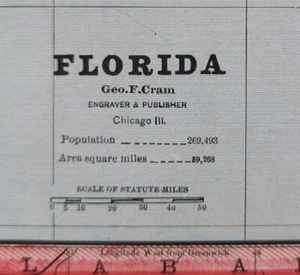 Mapa FLORIDA 1883 11"x13" ~ Antiguo Antiguo Original TALLAHASSEE PENSACOLA FL - Imagen 1 de 5