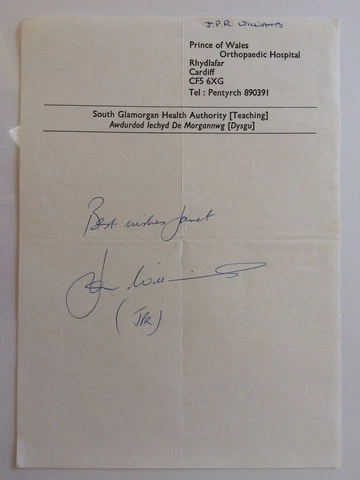 John P R Williams - Welsh Rugby Union & Surgeon - Original Hand Signed Autograph Cover