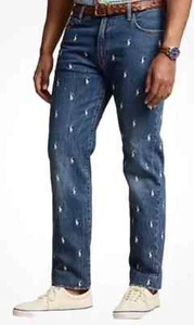 Polo Ralph Lauren Men's 46x30 Varick Slim Straight All Over Pony Blue Jeans - Picture 1 of 4
