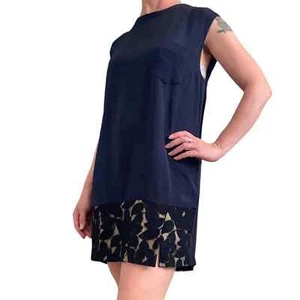3.1 Phillip Lim Vintage Navy Blue Silk Black Floral Lace Trim Shift Mini Dress 4 - Picture 1 of 10