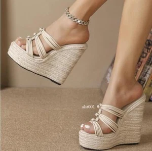 Womens Espadrilles Sandals Peep Toe Pearls Wedge High Heels Platform Slippers - Picture 1 of 22