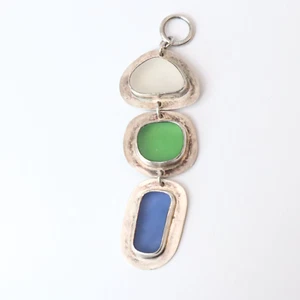 925 Sterling Silver Sea Glass Aventurine Stone Dangle Tiered Pendant Charm - Picture 1 of 8