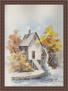 Antiguo molino de agua paisaje acuarela arte original en papel 11x14 firmado BOWER  - Imagen 1 de 5
