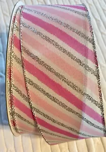 5 yds. PINK & SILVER STRIPED WIRE EDGE RIBBON 2 1/2" wide - Picture 1 of 1