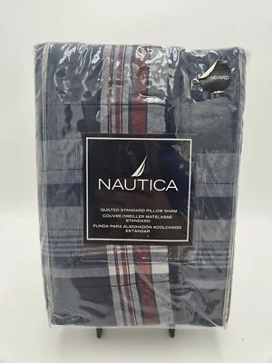 New Nautica Blue Lake PLAID Quilted Pillow Sham Standard Blue Red - Image 1 of 3