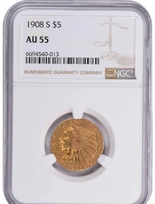 1908-S $5 Gold Indian AU55 NGC - Image 1 of 4