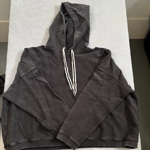 Aerie Hoodie Women’s XXL Gray Ribbed Hooded Cropped Sweatshirt Drawstring - Picture 1 of 10