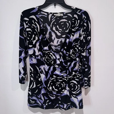 Blusa envolvente floral Dana Buchman acanalada púrpura negra blanca talla L Y2K Foto 1 de 4