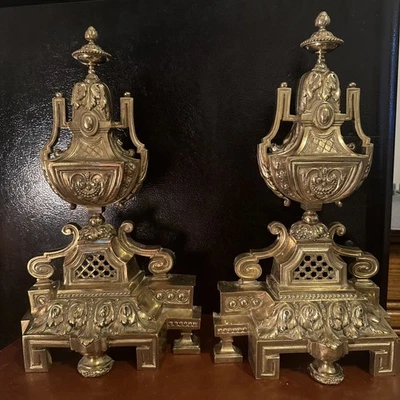 Antique Brass Andirons Pair c.1890–1910 Urn Top Neoclassical Chenets Fire Dogs - Image 1 of 4