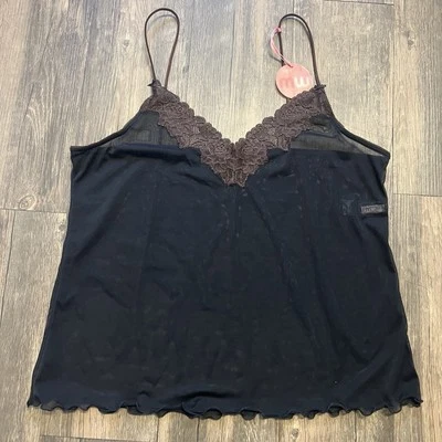 全新带标签 Mark & Spencer 黑色棕色花边无褶吊带上衣衬衫内衣 L — 第 1/4 张图片