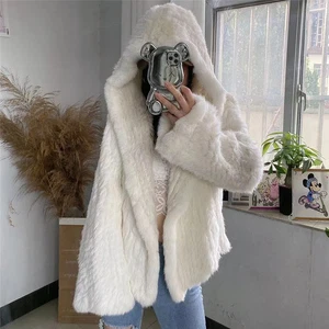 Chaqueta abrigo con capucha de piel de conejo real tejido tejido de punto para mujer - Imagen 1 de 44