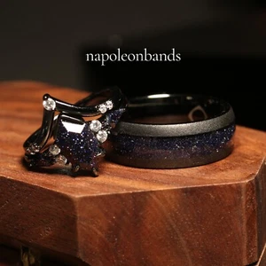Fede Nuziale Coppia Nebulosa Spaccata Argento 925 Arenaria, Tungsteno Nero, Set Anello - Foto 1 di 12